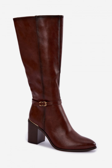 Zateplené dámske vysoké čižmy s dekorovanými podpätkami v hnedej farbe Sergio Leone KZ-08