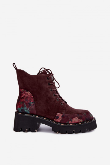 Bordové zateplené semišové čižmy so šnúrkami a kvetinovými motívmi Artiker 59C0248 2