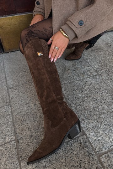 Zateplené dlhé čižmy v cowboyskom štýle z umelej semišovej hnedej farby Zazoo 4224 2