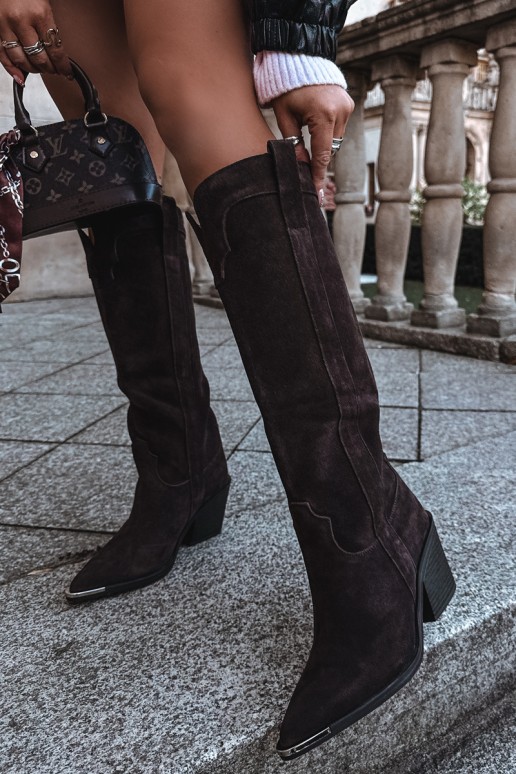 Zateplené dlhé cowboyské čižmy na podpätku z umelej semišovej hnedé