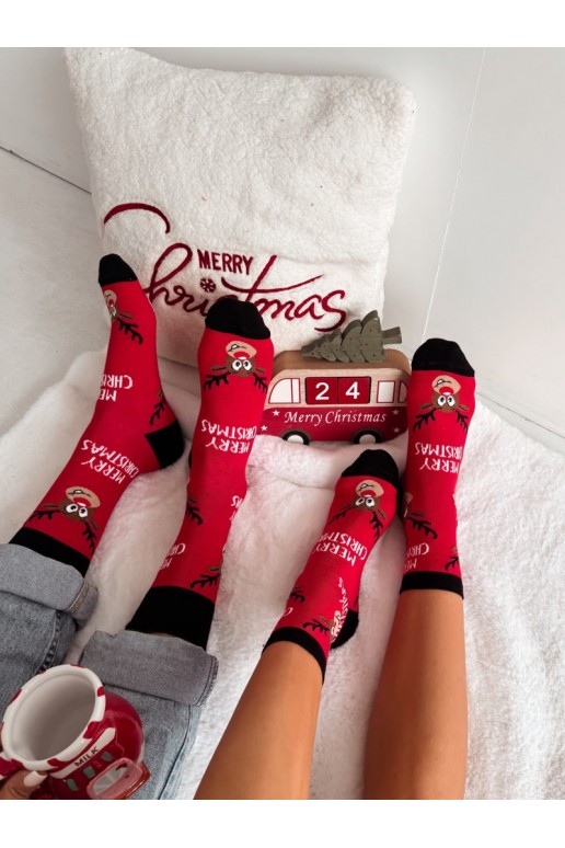 Červené dámske ponožky s vianočnými sobmi Merry Christmas
