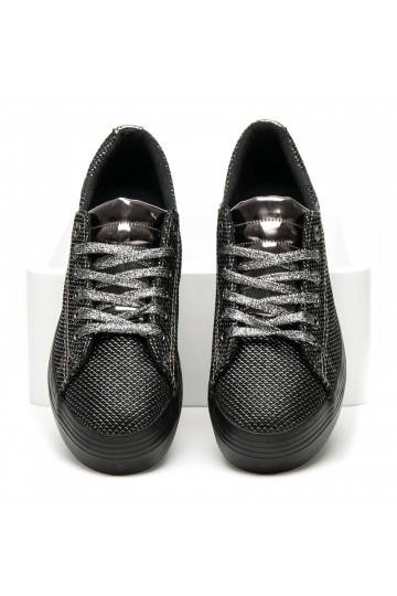 Exkluzívne lesklé čierne a strieborné topánky s hrubou podrážkou AB-37S  - 2