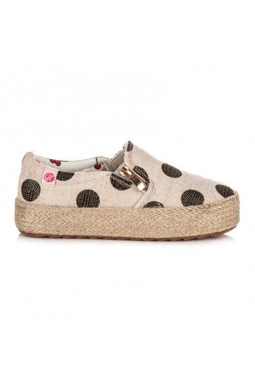 Detské módne krémové textilné topánky s ozdobným zipsom a čiernymi bodkami K1645004NE  - 1 Detské módne krémové textilné topánky s ozdobným zipsom a čiernymi bodkami K1645004NE  - 1