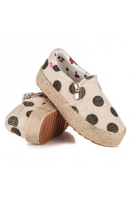 Detské módne krémové textilné topánky s ozdobným zipsom a čiernymi bodkami K1645004NE  - 2 Detské módne krémové textilné topánky s ozdobným zipsom a čiernymi bodkami K1645004NE  - 2