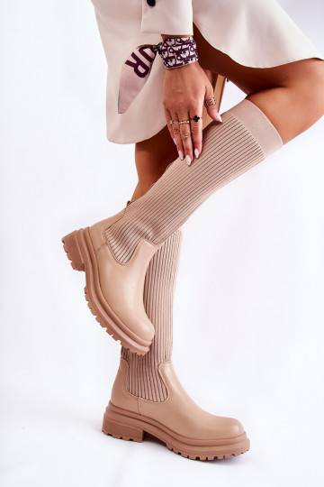 Béžové pruhované čižmy na širokom podpätku Allys