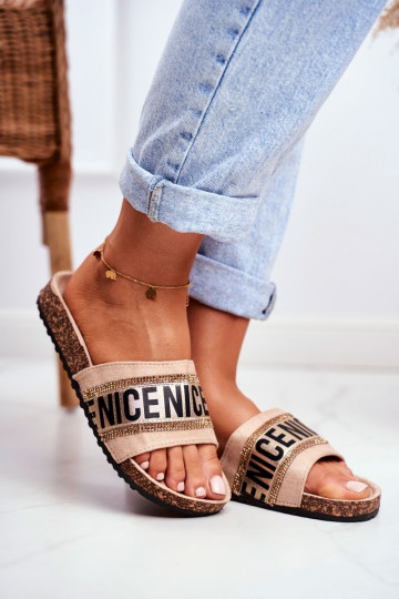 Papuče s trblietavými očkami béžovej farby Be Nice