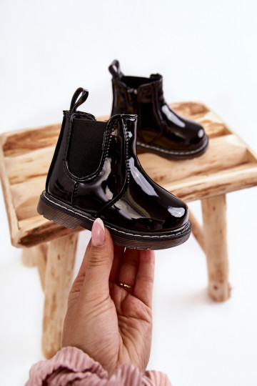 Detské oteplené čižmy s lakovým efektom, čierna farba Porky