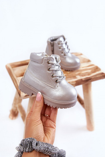 Detské šnurovacie čižmy na zips striebornej farby Dexter