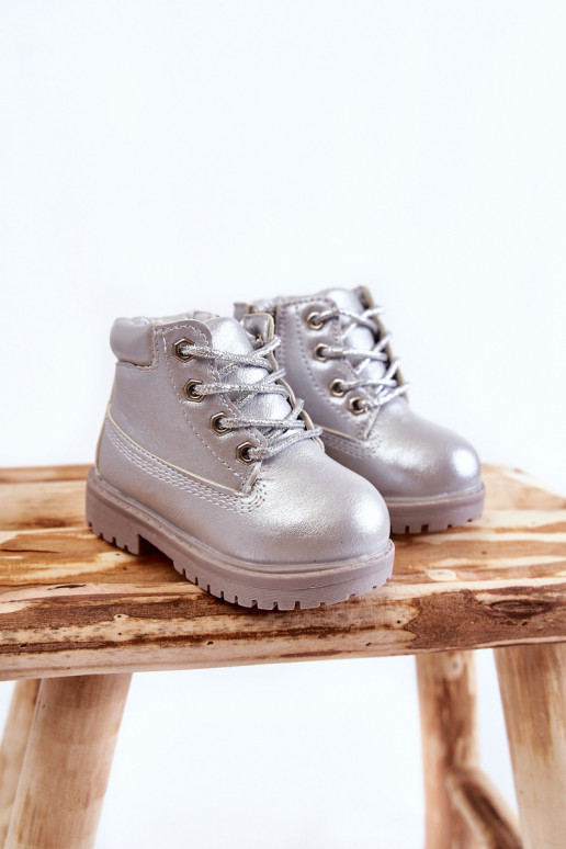 Detské šnurovacie čižmy na zips striebornej farby Dexter