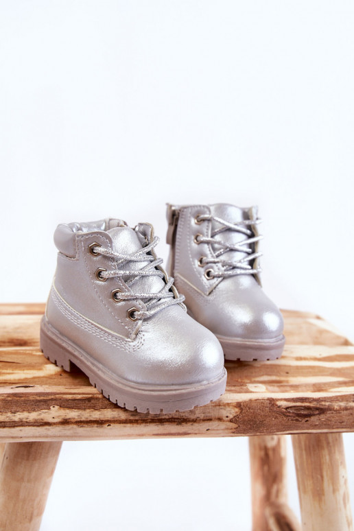 Detské šnurovacie čižmy na zips striebornej farby Dexter