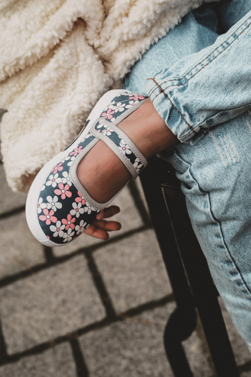 Detské balerínky s kvetinovými vzormi v modro-šedej farbe Noah