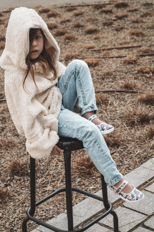 Detské balerínky s kvetinovými vzormi v modro-šedej farbe Noah