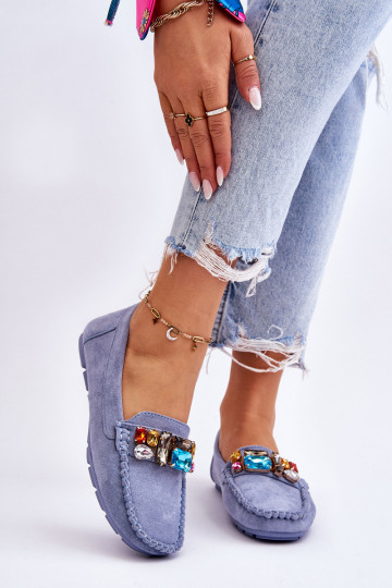 Elegantné semišové mokasíny s lesklými očkami v modrej Lucille 2