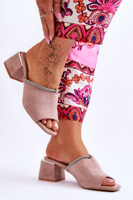 semišové papuče s podpätkami S.Barski KV-612-2 béžovej farby