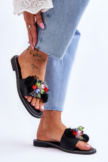 Papuče s ozdobnými korálkami S.Barski KV-2775-47 čiernej farby 2