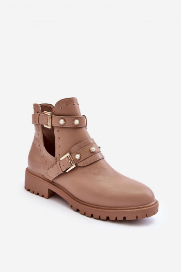 Dámske členkové čižmy s umelými perlami v béžovej farbe Clarisa