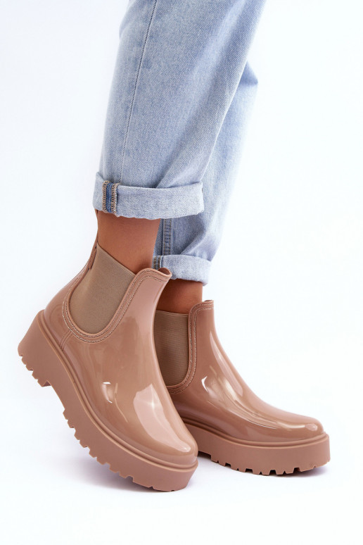s lakovým efektom Gumové topánky Čižmy s platformou Big Star MM274396 béžovej farby
