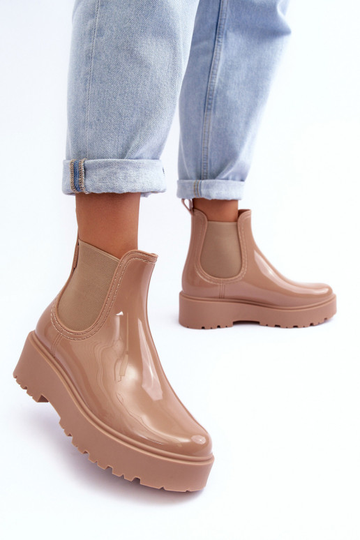 s lakovým efektom Gumové topánky Čižmy s platformou Big Star MM274396 béžovej farby