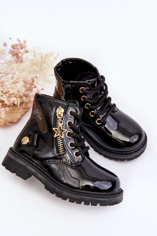 Čižmy Detské s lakovým efektom so zipsami zateplenej čiernej farby Felori Čižmy Detské s lakovým efektom so zipsami zateplenej čiernej farby Felori