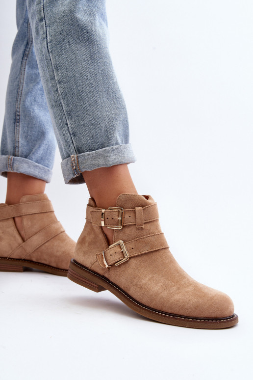 Čižmy na širokých podpätkoch s prúžkami v béžovej farbe Melviana Čižmy na širokých podpätkoch s prúžkami v béžovej farbe Melviana