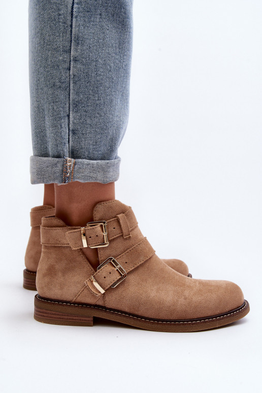 Čižmy na širokých podpätkoch s prúžkami v béžovej farbe Melviana Čižmy na širokých podpätkoch s prúžkami v béžovej farbe Melviana