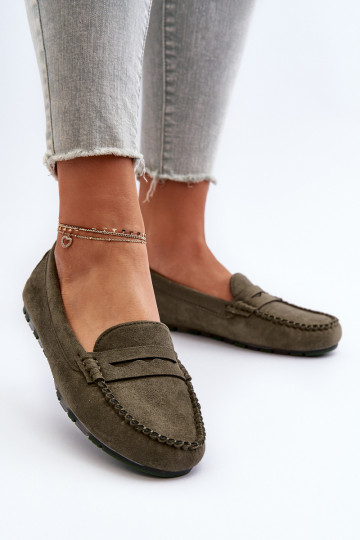 Klasický model dámskych mokasín v semišovej khaki farbe Glimris