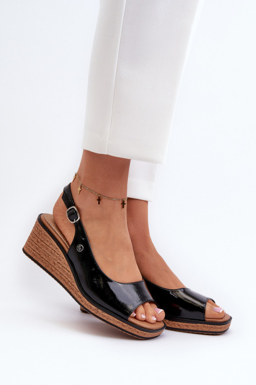 s efektom laku Sandále na platforme Sergio Leone SK301 čiernej farby