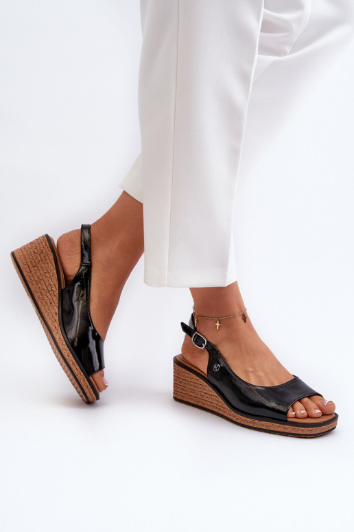 s efektom laku Sandále na platforme Sergio Leone SK301 čiernej farby