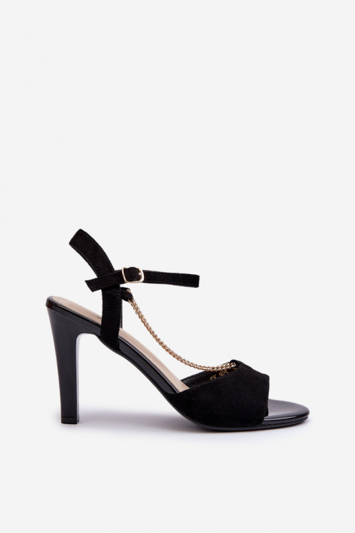 Dámske sandále na tenkých podpätkoch z ekologického semišu s retiazkami Sergio Leone SK925 v čiernej farbe