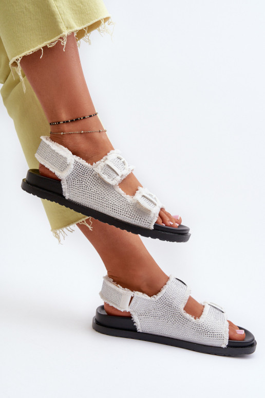 Denim materiál Zdobené Dámske sandále bielej farby Irmale Denim materiál Zdobené Dámske sandále bielej farby Irmale