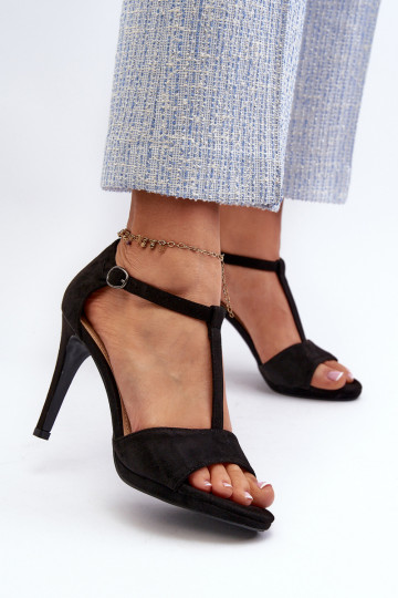 Dámske sandále na vysokom opätku z materiálu Eco Suede, Black Obdaria 2