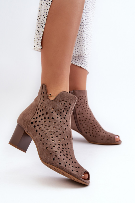 Dámske prelamované čižmy z organického semišu na vysokom podpätku s otvorenou špičkou Hnedá Halania