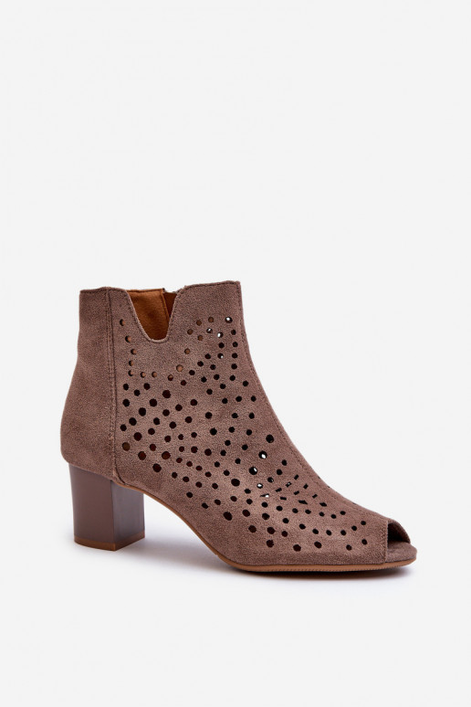 Dámske prelamované čižmy z organického semišu na vysokom podpätku s otvorenou špičkou Hnedá Halania