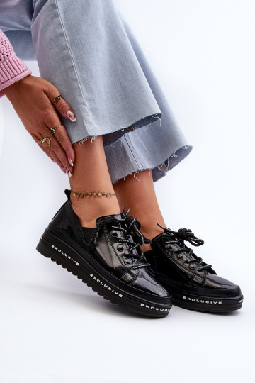 Šnurovacie topánky s platformou prírodná koža S.Barski LR620 čiernej farby 2