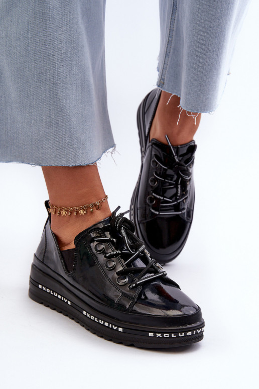 Šnurovacie topánky s platformou prírodná koža S.Barski LR620 čiernej farby