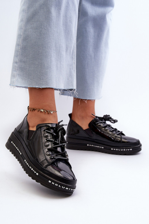 Šnurovacie topánky s platformou prírodná koža S.Barski LR620 čiernej farby