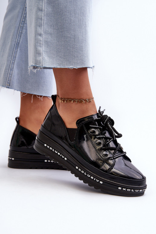 Šnurovacie topánky s platformou prírodná koža S.Barski LR620 čiernej farby