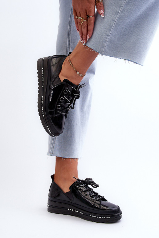 Šnurovacie topánky s platformou prírodná koža S.Barski LR620 čiernej farby