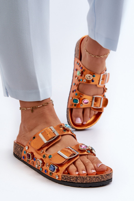 Zdobené dámske papuče s prackami S.Barski MY121 oranžovej farby