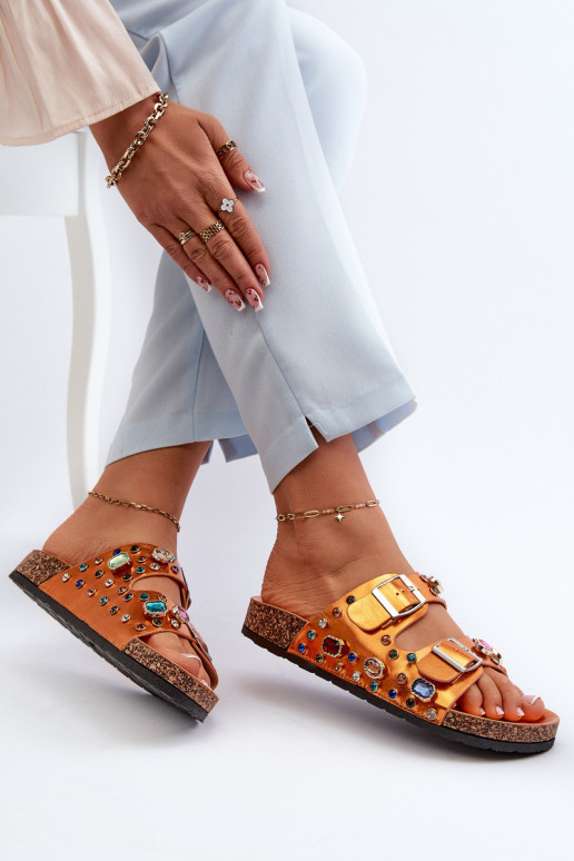 Zdobené dámske papuče s prackami S.Barski MY121 oranžovej farby