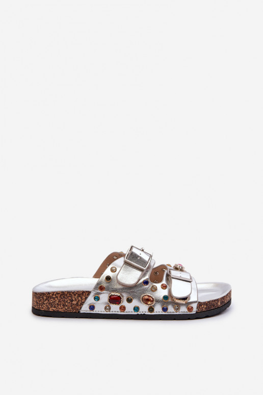 Zdobené dámske papuče s prackami S.Barski MY121 striebornej farby Zdobené dámske papuče s prackami S.Barski MY121 striebornej farby