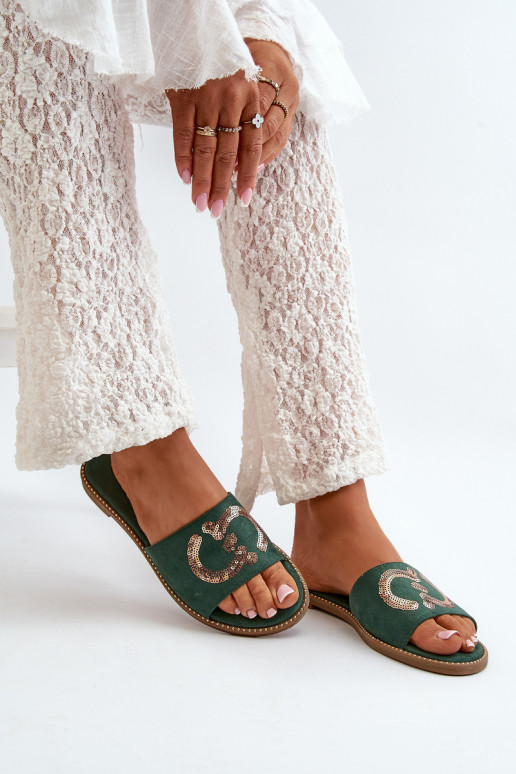 Dámske ploché papuče s lesklými šupinami S.Barski KV27-052 zelená farba Dámske ploché papuče s lesklými šupinami S.Barski KV27-052 zelená farba