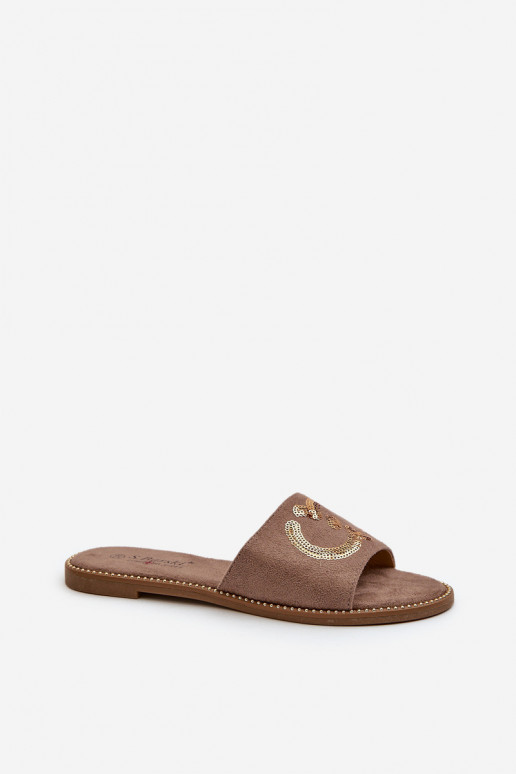 Dámske ploché papuče s lesklými šupinami S.Barski KV27-052 hnedá farba Dámske ploché papuče s lesklými šupinami S.Barski KV27-052 hnedá farba