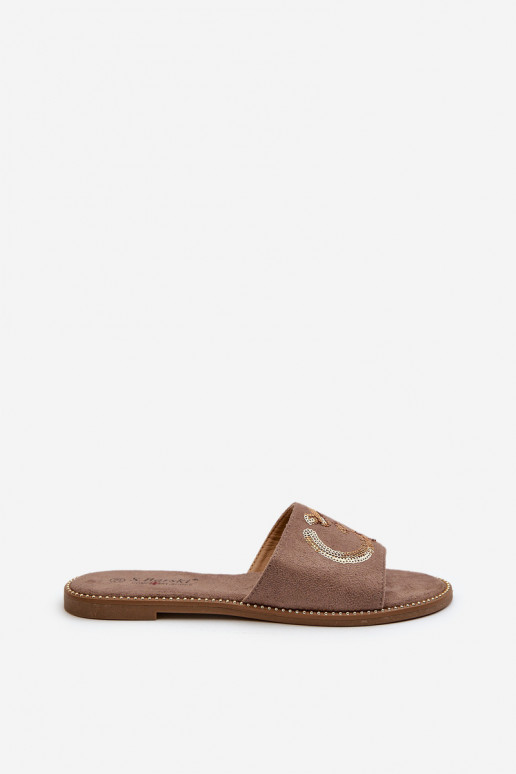 Dámske ploché papuče s lesklými šupinami S.Barski KV27-052 hnedá farba Dámske ploché papuče s lesklými šupinami S.Barski KV27-052 hnedá farba