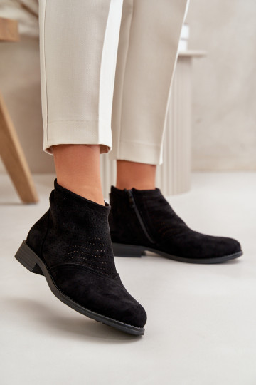 Dámske čižmy so širokými podpätkami s prvkami prelamovania čierna S.Barski HY42-076