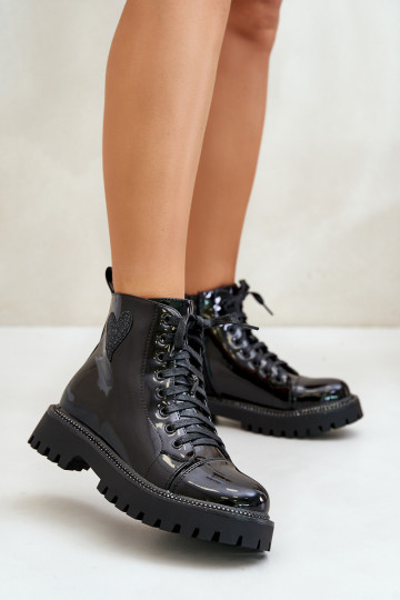 s lakovým efektom Dámske čižmy Zapnuté Hrad S Ornatem Srdiečkam čierna Obeena