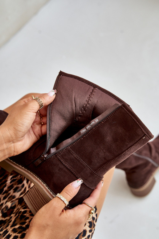 Dámske čižmy Zapnuté nízkom opätku s prackami Hnedá farba Zudra Dámske čižmy Zapnuté nízkom opätku s prackami Hnedá farba Zudra