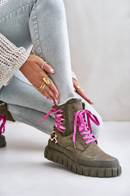 Dámske čižmy s platformou S Ornatem Šnurovaniem so vzormi leopardej kožušiny zelená farba Edidda Dámske čižmy s platformou S Ornatem Šnurovaniem so vzormi leopardej kožušiny zelená farba Edidda