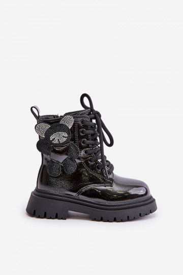 zahriať sa Čižmy deti S medveďom Zapnuté Hrad s lakovým efektom čierna Relobia 2