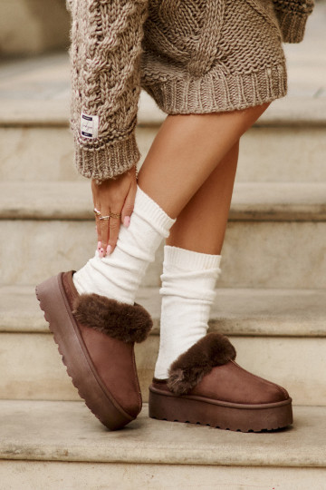 Papuče Dámske s platformou s kožušinou Hnedá farba Linaris